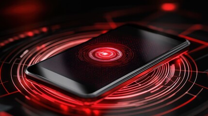 Aufkleber - Mobile phone displaying red circular interface on reflective surface