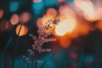 Poster - Silhouette of grass flower against vibrant sunset sky with bokeh effect in a serene landscape, silhouette of grass flower in the sunset