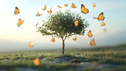 Poster - Orange butterflies gracefully flutter around a vibrant green tree