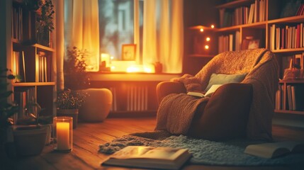 Poster - Cozy reading corner with books and warm lighting ambiance