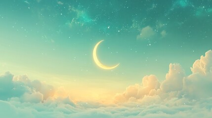 Poster - Crescent moon illuminates soft pastel clouds and starry sky