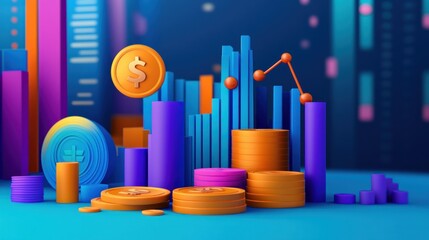 Poster - Stylized financial data visualization with coins and growth indicators