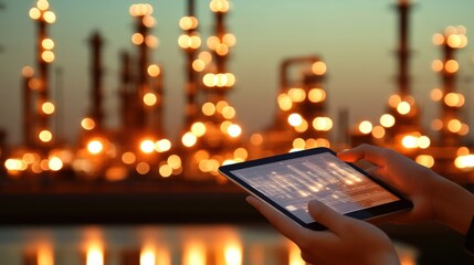 Poster - Person using a tablet at an industrial facility at night