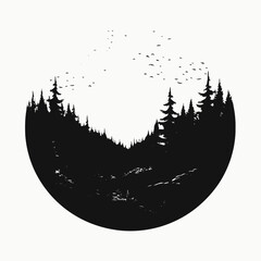 Poster - Forest trees nature landscape mountains birds monochrome silhouette scenic outdoor adventure artwork