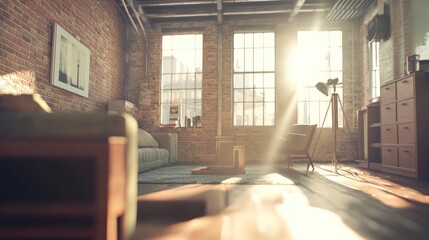Poster - Bright loft apartment interior with brick walls and sunlight