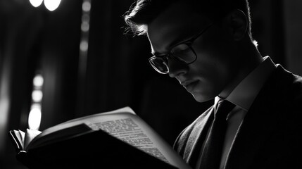 Poster - Focused young man wearing glasses reads a book intently