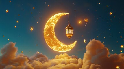 Poster - Golden crescent moon hangs above fluffy clouds with lantern