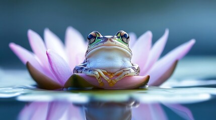 Poster - Tree frog rests gracefully on a pink water lily