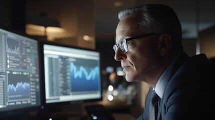 Poster - Businessman intently analyzes financial data on multiple computer monitors