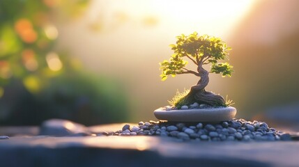 Poster - Serene bonsai tree basking in soft golden sunlight beautifully shines