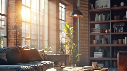 Poster - Cozy living room illuminated by sunlight through large windows