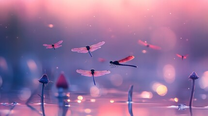 Poster - Dragonflies float over a reflective surface at twilight or dawn