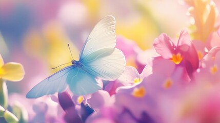 Aufkleber - Pale butterfly rests delicately on vibrant purple and pink flowers