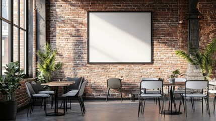 Poster - Indoor restaurant dining area with blank poster on brick wall