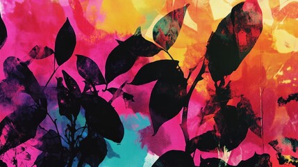 Poster - Dark plant silhouettes contrast vivid splashes of colorful abstract background