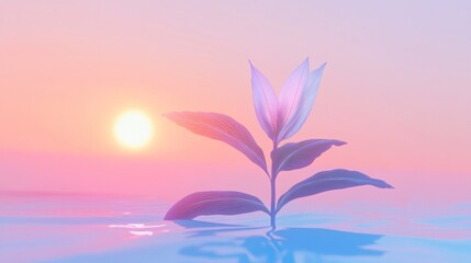 Poster - Plant with pointed petals rises from calm surreal waters