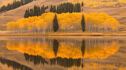 Poster - Autumnal aspen grove reflecting beautifully on a calm lake surface