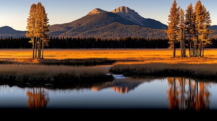 Poster - Beautiful scenery depicting a calm river reflecting a mountain scene