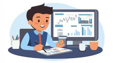 Poster - Young man analyzing financial data and holding cryptocurrency coin