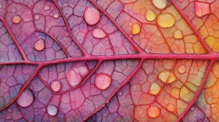 Poster - Colorful autumn leaf shows its detailed veins with water droplets