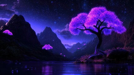 Aufkleber - A purple illuminated tree at the lake with mountains at night