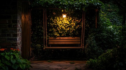 Poster - A cozy wooden swing beneath lush foliage illuminated by warm light