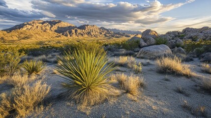 Poster - Desert landscape with yucca plants and distant mountains at sunset