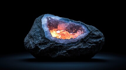 Poster - A glowing geode with a crystal cavity against a black background