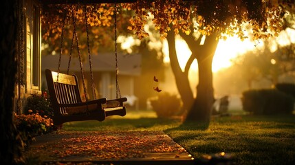 Poster - A wooden porch swing bathed in the golden autumn sunlight