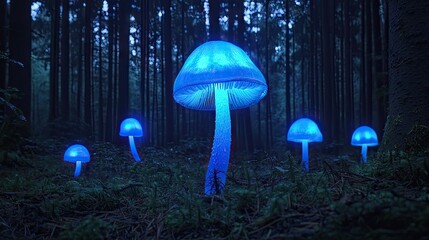 Aufkleber - Glowing mushrooms illuminate a dark forest setting in shades of blue
