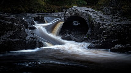 Poster - A tranquil river flowing through rocks under a stone arch
