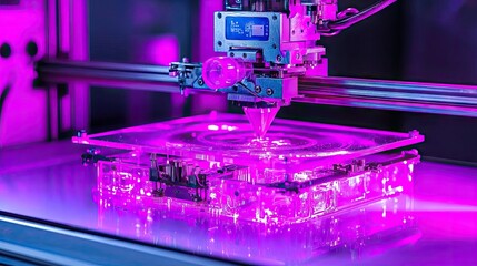 Poster - A three dimensional printer building an object with glowing purple light