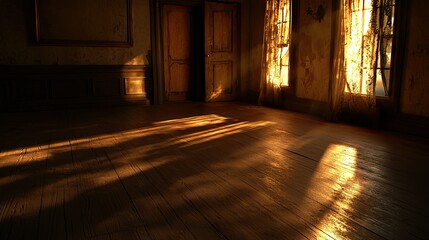 Poster - Sunlit interior of an aged room with shadows and wooden floor