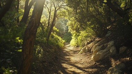 Poster - Light shines through trees onto a forest path