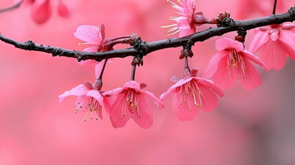 Poster - Beautiful pink blossoms adorning a dark branch against a soft pink background