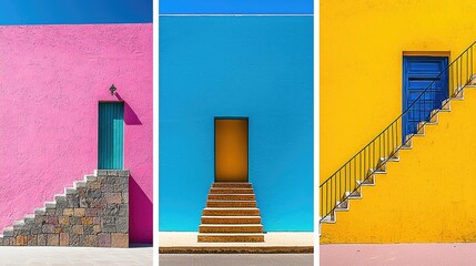 Poster - Three colorful architectural scenes featuring doors and stairways in bright colors