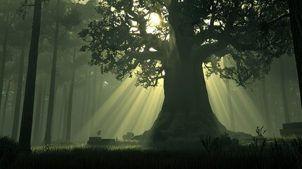 Poster - A large tree stands illuminated in a misty forest clearing