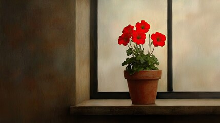 Poster - Red flowers in a ceramic pot sit upon a windowsill