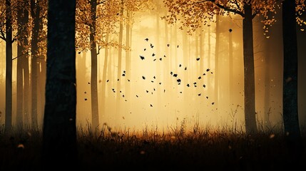 Poster - A misty forest scene with leaves falling in the air