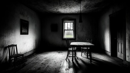 Poster - A dark and abandoned room showing furniture and window
