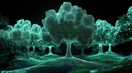 Poster - Luminous digital trees form a glowing ethereal forest scene