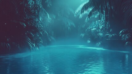 Poster - Lush tropical vegetation surrounds tranquil water shrouded in blue mist