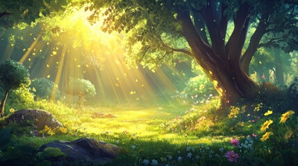 Poster - Sunlight streams through the enchanted forest illuminating the meadow