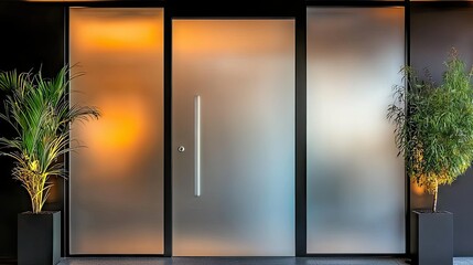 Poster - A contemporary entry features a frosted glass door and plants nearby