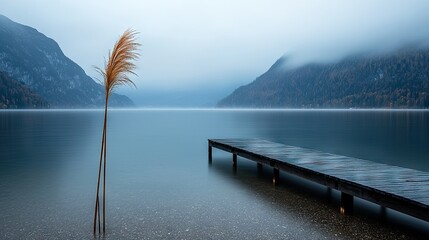 Poster - A serene misty lake scene with a wooden pier