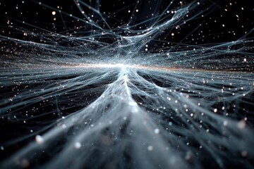 Poster - Complex network of glowing lines and particles on dark backdrop creating a sense of movement and data flow, communication.