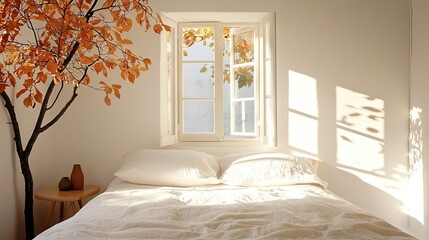 Poster - A sunlit bedroom with a bed and open window display
