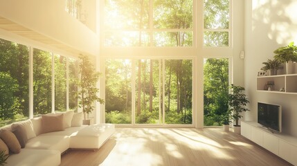 Poster - Bright living room boasts a forest view through large windows