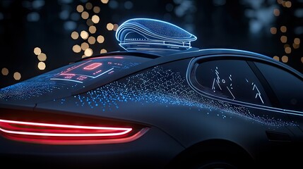 Poster - Futuristic automobile with glowing blue and red lights showcasing digital design