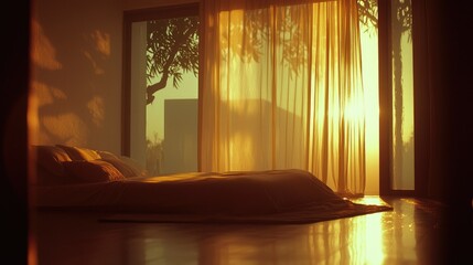 Poster - A bedroom bathed in golden light from a nearby sunrise